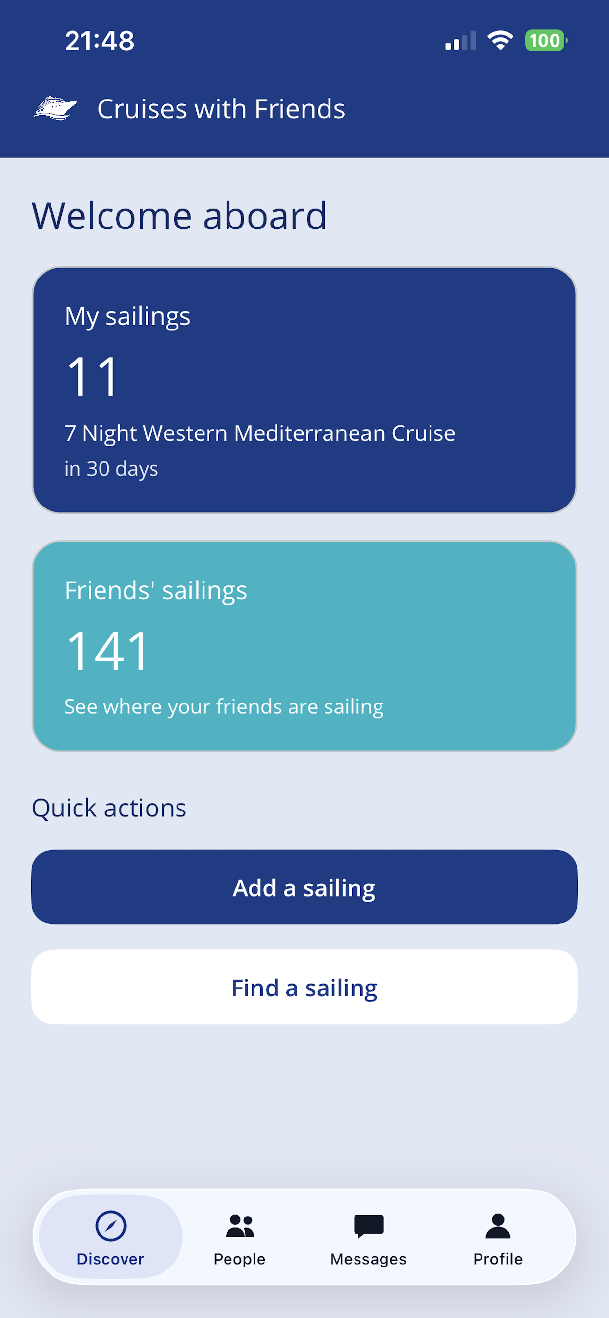 Cruises with Friends app home screen