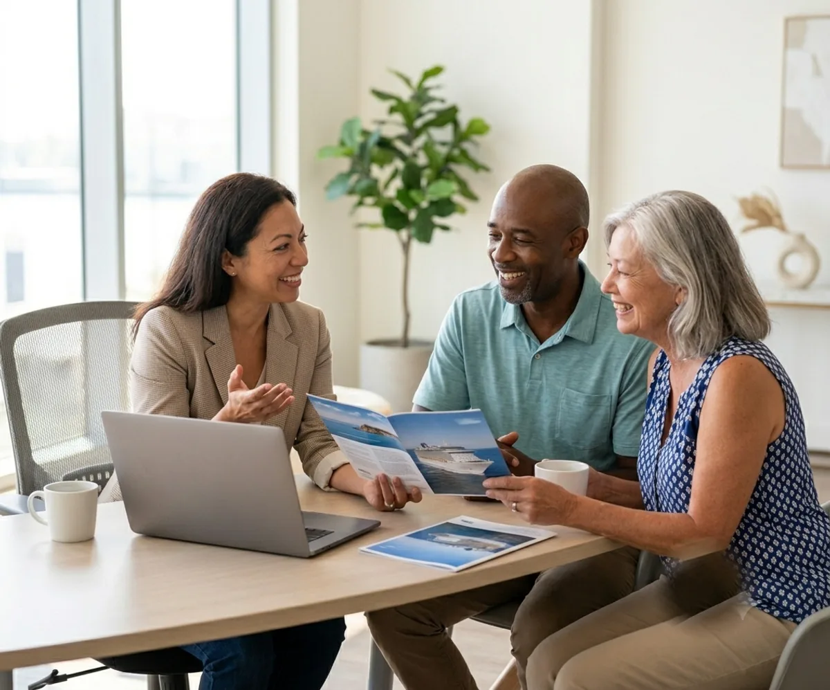 A travel agent with happy cruising clients