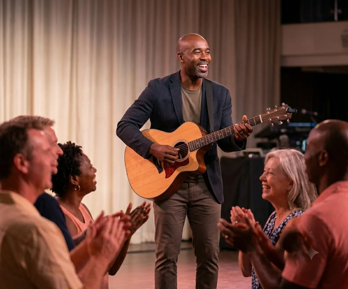 An entertainer performing for a happy cruise audience