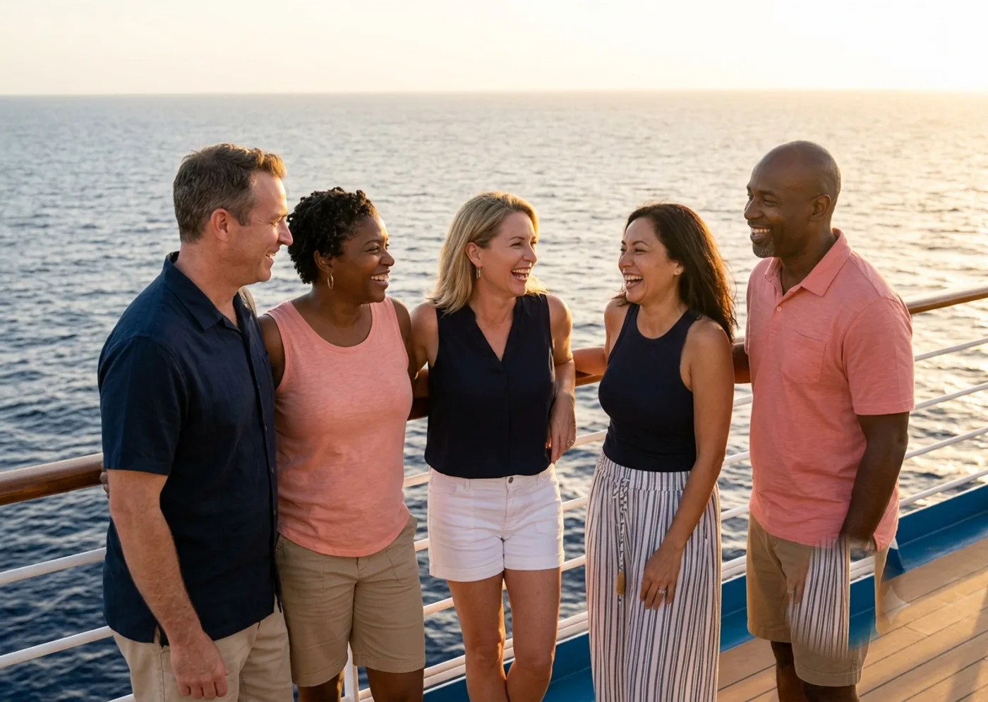 Friends laughing together on the deck of a cruise ship