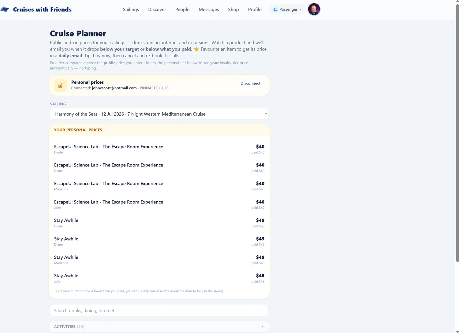 Cruise Planner price tracking in the web portal
