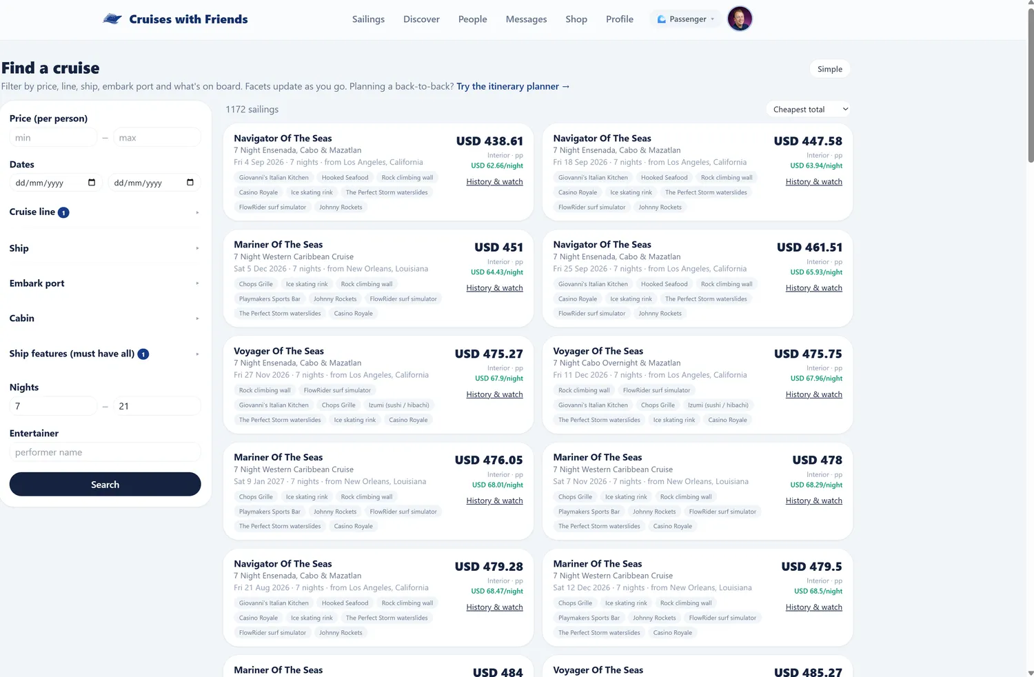 Find a cruise fare search in the web portal