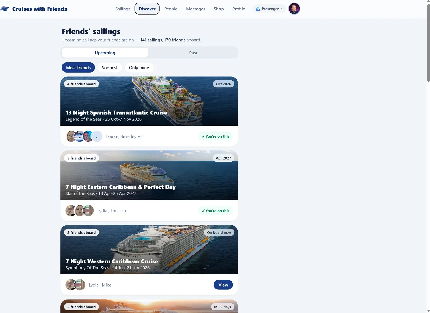 Friends' sailings in the Cruises with Friends web portal