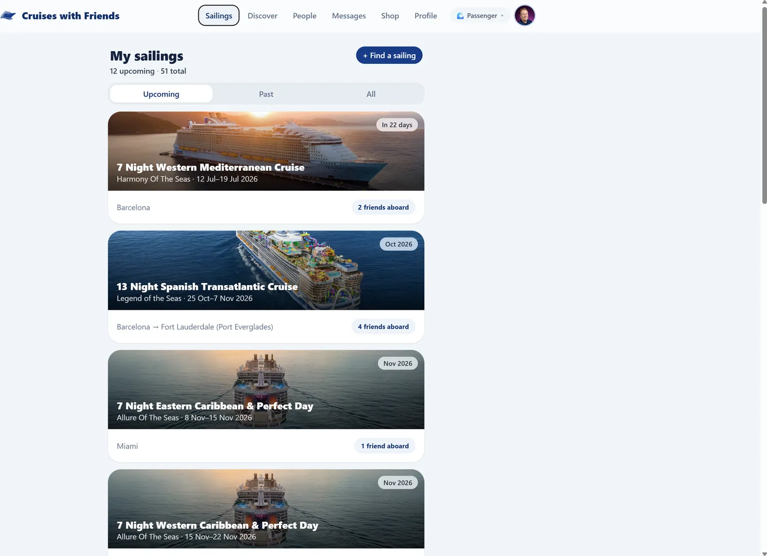 My sailings list in the web portal