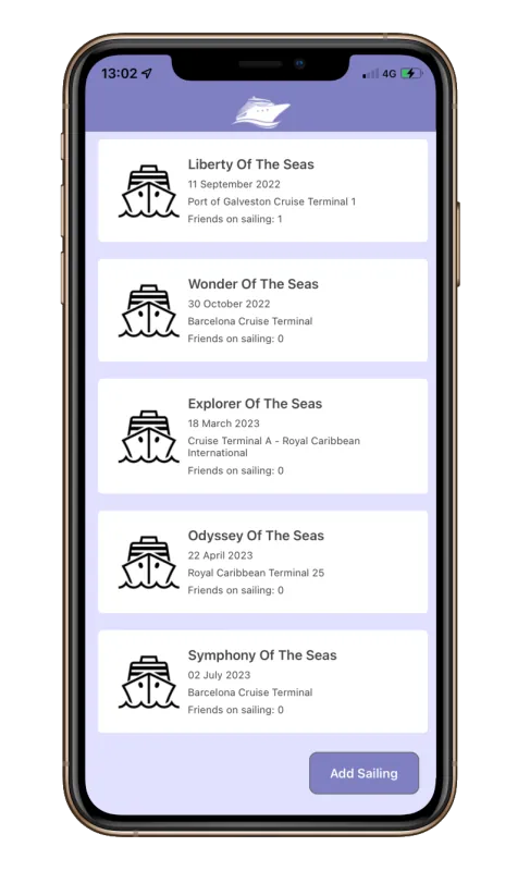 Screenshot of the users upcoming sailings