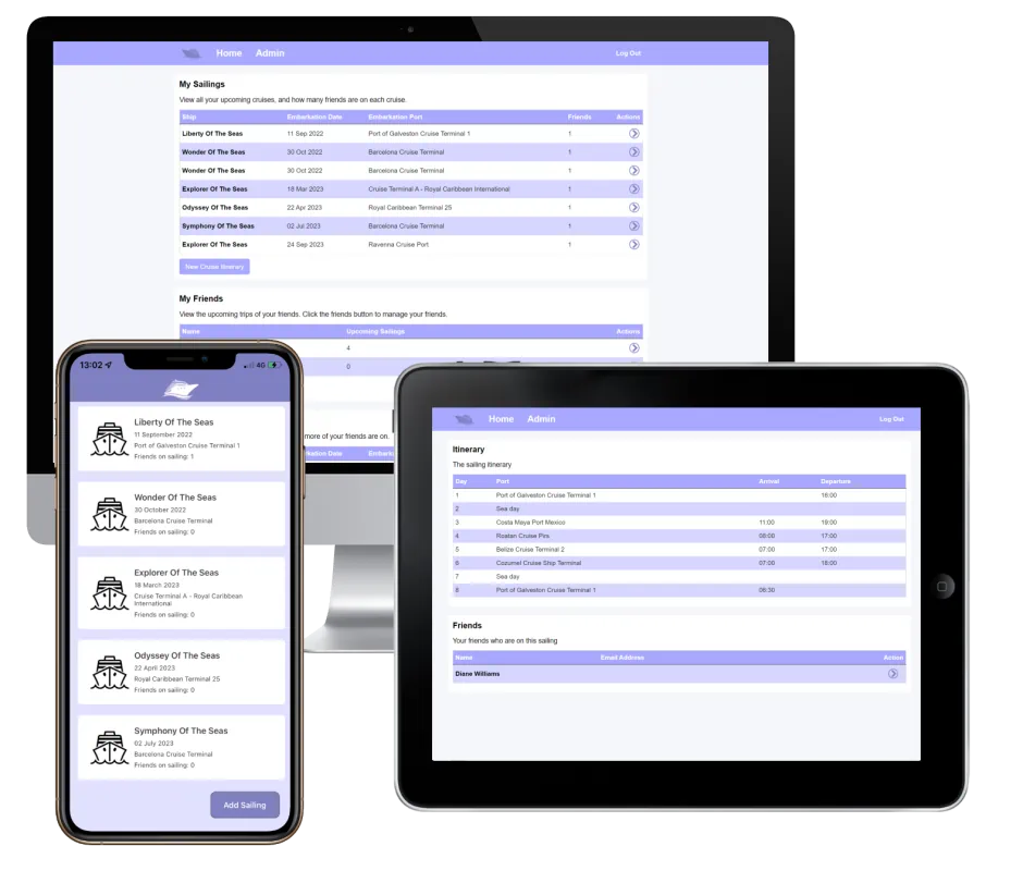 Cruises with Friends running on phone, table and desktop